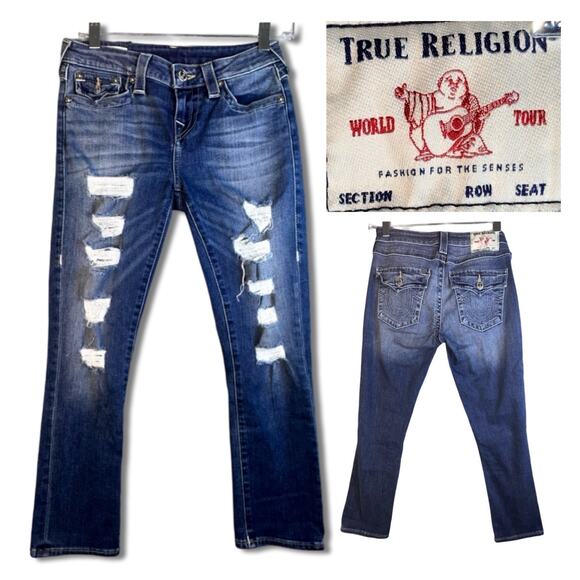 True Religion Jeans Halle Mid Rise Capri Skinny Women's 26 Distressed Y2K Retro - Picture 1 of 16